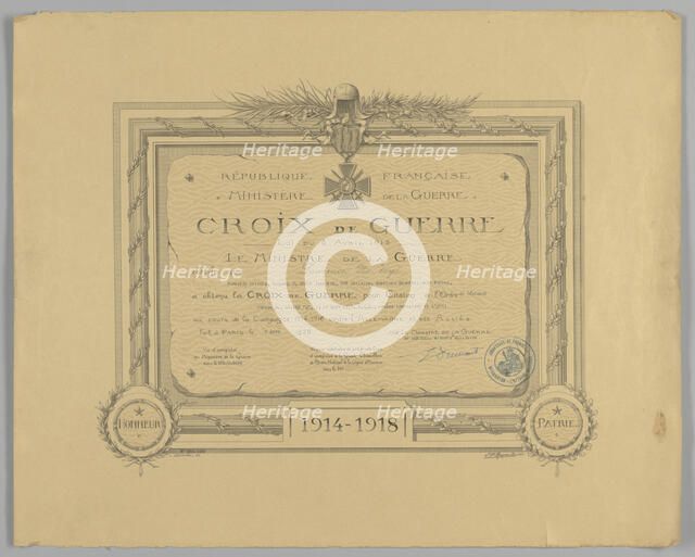 Certificate for French Croix de Guerre medal issued to Cpl. Lawrence L. McVey, March 2, 1928. Creator: Unknown.