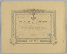Certificate for French Croix de Guerre medal issued to Cpl. Lawrence L. McVey, March 2, 1928. Creator: Unknown