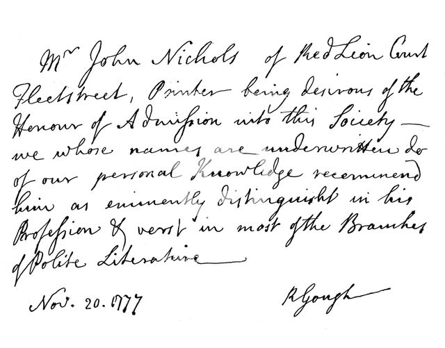 Certificate for the election of Mr John Nichols to the Society of Antiquaries, 1777, (1840). Artist: Richard Gough