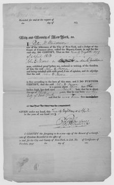 Certificate from County of NY of manumission for John Moore, 1813-04-28. Creator: Unknown