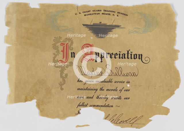 Certificate of Appreciation from US Coast Guard to Maxine Sullivan, 20th century. Creator: Unknown.