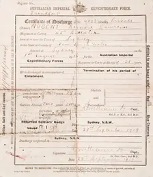 Certificate of discharge for Bernard Laurence Barney Nugent, dated 28 September 1919. Creator: Murphy