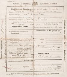 Certificate of discharge for Bernard Laurence Barney Nugent, dated 28 September 1919. Creator: Murphy