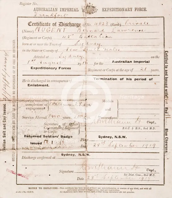 Certificate of discharge for Bernard Laurence 'Barney' Nugent, dated 28 September 1919. Creator: Murphy.