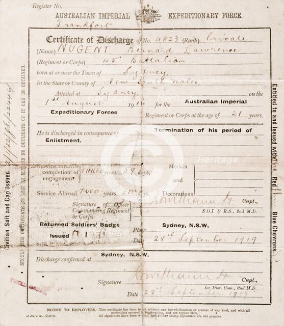 Certificate of discharge for Bernard Laurence 'Barney' Nugent, dated 28 September 1919. Creator: Murphy.