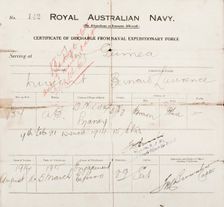 Certificate of discharge for Bernard Laurence Barney Nugent from the Naval Expeditionary Force. Creator: Murphy