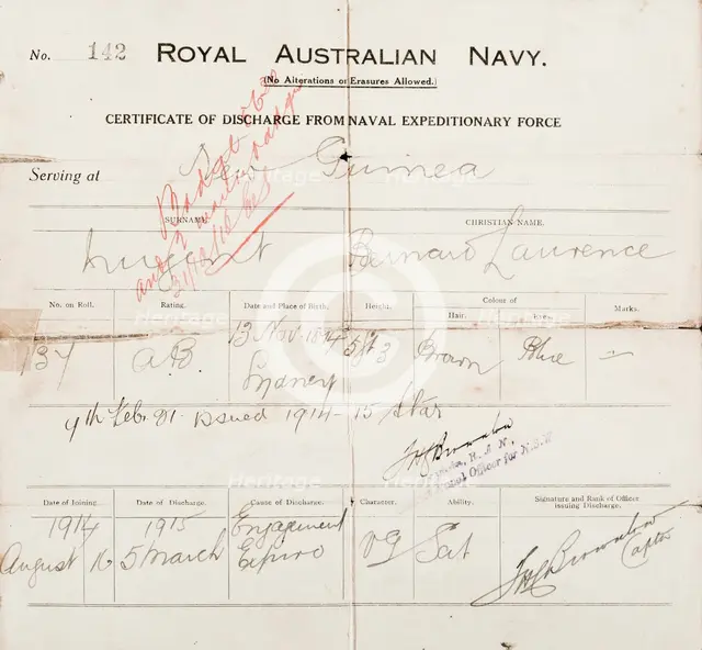Certificate of discharge for Bernard Laurence 'Barney' Nugent from the Naval Expeditionary Force. Creator: Murphy.