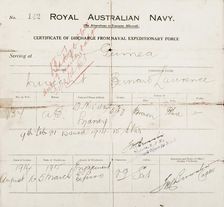 Certificate of discharge for Bernard Laurence Barney Nugent from the Naval Expeditionary Force. Creator: Murphy