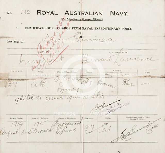 Certificate of discharge for Bernard Laurence 'Barney' Nugent from the Naval Expeditionary Force. Creator: Murphy.