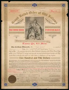 Certificate of endowment for the Grand United Order of Odd Fellows, October 15, 1908. Creator: Unknown