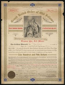 Certificate of endowment for the Grand United Order of Odd Fellows, October 15, 1908. Creator: Unknown