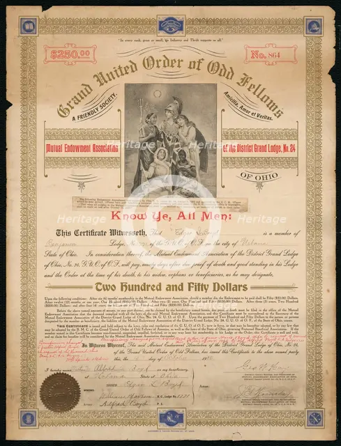 Certificate of endowment for the Grand United Order of Odd Fellows, October 15, 1908. Creator: Unknown.