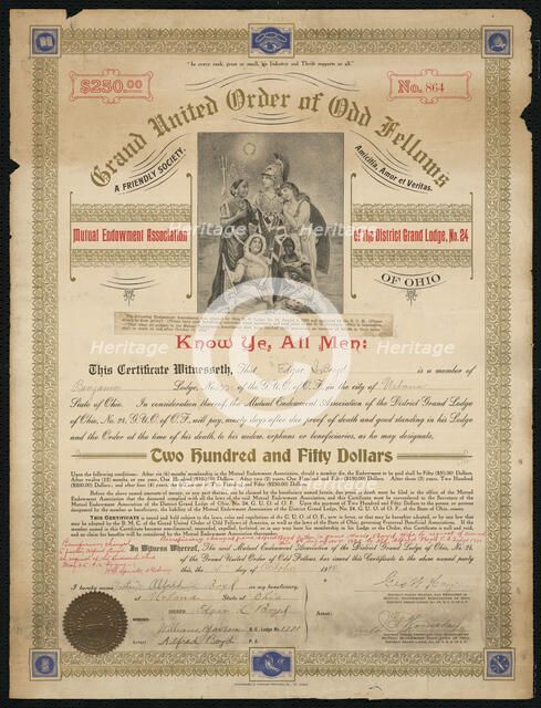 Certificate of endowment for the Grand United Order of Odd Fellows, October 15, 1908. Creator: Unknown.