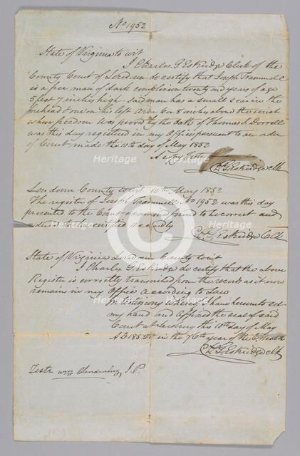 Certificate of Freedom for Joseph Trammell, May 10, 1852. Creator: Unknown.