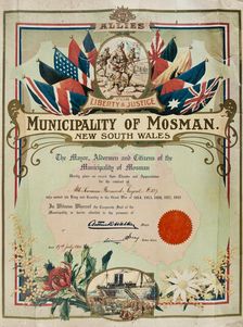 Certificate presented to Bernard Laurence Barney Nugent from the Municipality of Mosman, July 1920 Creator: Murphy