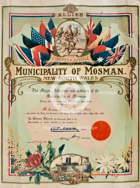Certificate presented to Bernard Laurence 'Barney' Nugent from the Municipality of Mosman, July 1920 Creator: Murphy.
