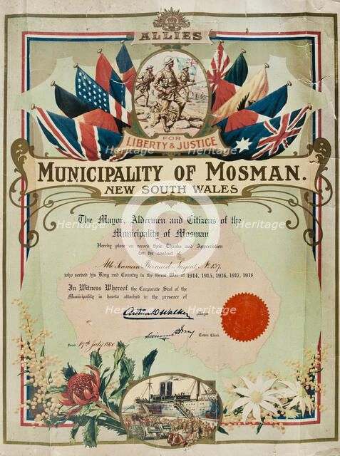 Certificate presented to Bernard Laurence 'Barney' Nugent from the Municipality of Mosman, July 1920 Creator: Murphy.