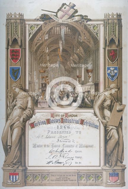 Certificate presented to stewards at City of London Working Classes Industrial Exhibition, 1866. Artist: J Salomon & Co