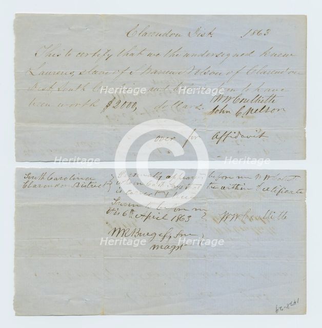 Certification of witnesses that Laurens was worth $2,000, 1863-04-06. Creator: Unknown.