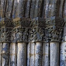 Church of Our Lady of Baldos in Montañana (Huesca), detail of the capitals of the main entrance w…