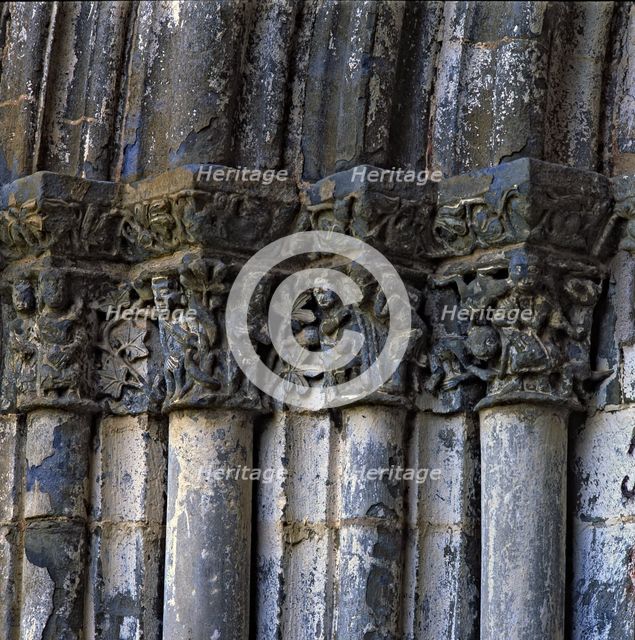 Church of Our Lady of Baldos in Montañana (Huesca), detail of the capitals of the main entrance w…