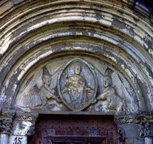 Church of Our Lady of Baldos in Montañana (Huesca), detail of main portal with tympanum carved wi…