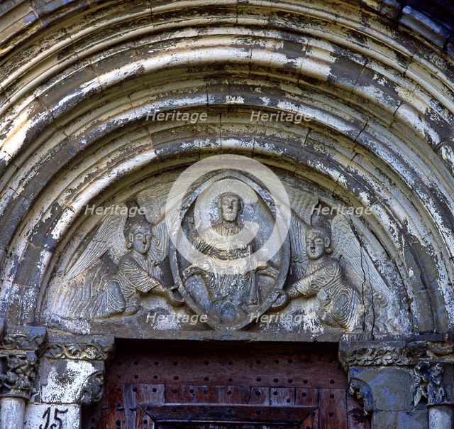 Church of Our Lady of Baldos in Montañana (Huesca), detail of main portal with tympanum carved wi…