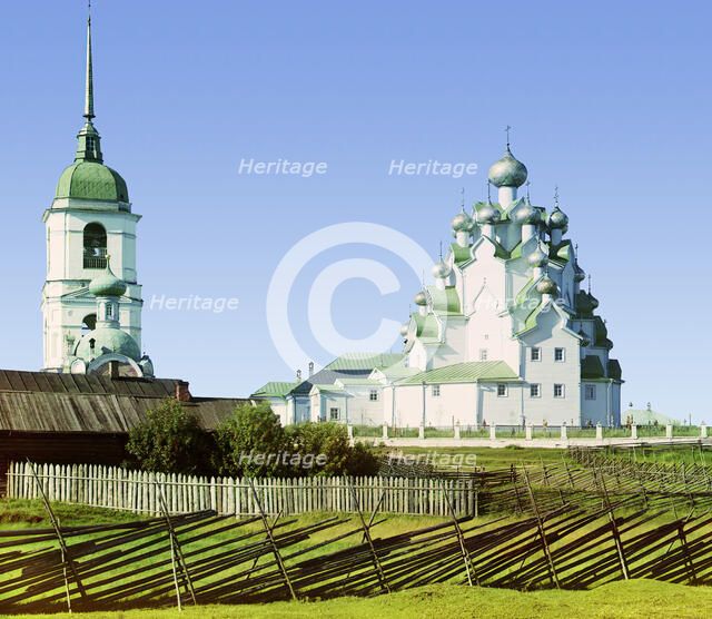 Church of Our Savior and the Protection of the Mother of God, Vytegorskii graveyard, 1909. Creator: Sergey Mikhaylovich Prokudin-Gorsky.