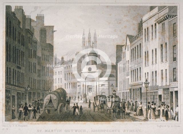 Church of St Martin Outwich, viewed from Bishopsgate, City of London, 1830. Artist: A Cruse