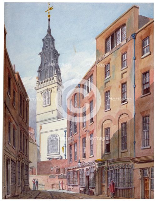 Church of St Michael, Crooked Lane and part of Crooked Lane, City of London, c1815.                  Artist: John Coney
