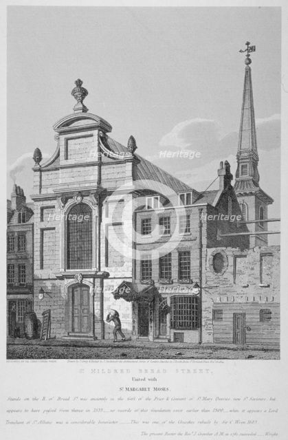 Church of St Mildred, Bread Street, City of London, 1838. Artist: Joseph Skelton