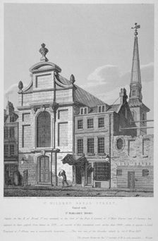 Church of St Mildred, Bread Street, City of London, 1838. Artist: Joseph Skelton