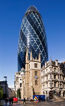 Church of St Andrew Undershaft and the Gherkin, City of London, 2012. Artist: James O Davies