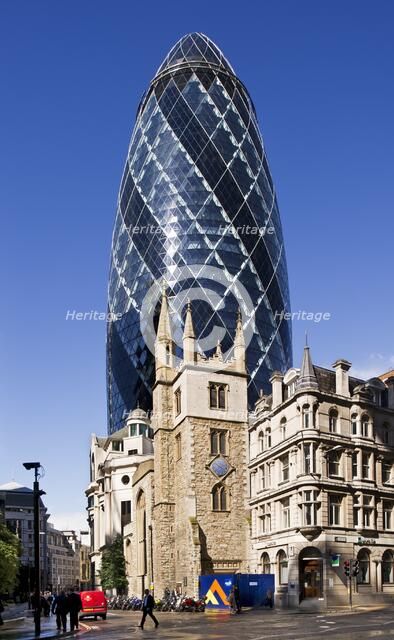 Church of St Andrew Undershaft and the Gherkin, City of London, 2012. Artist: James O Davies.