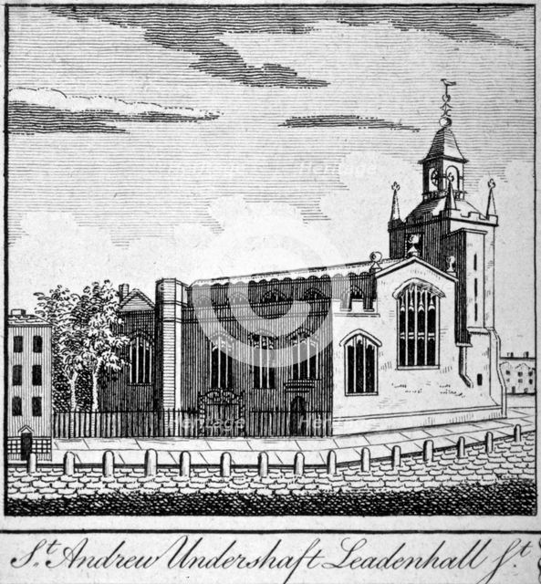 Church of St Andrew Undershaft, Leadenhall Street, London, c1750. Artist: Anon