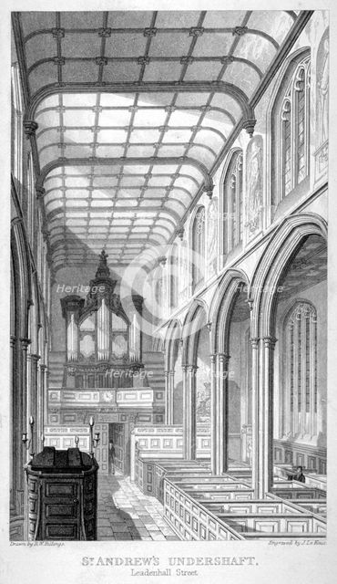 Church of St Andrew Undershaft, Leadenhall Street, London, c1837. Artist: John Le Keux
