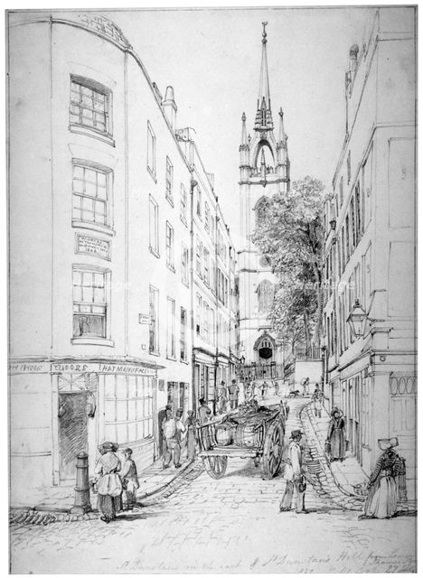 Church of St Dunstan in the East and St Dunstan's Hill from Lower Thames Street, London, 1827.       Artist: Edward William Cooke
