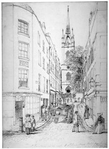 Church of St Dunstan in the East and St Dunstan's Hill from Lower Thames Street, London, 1827. Artist: Edward William Cooke