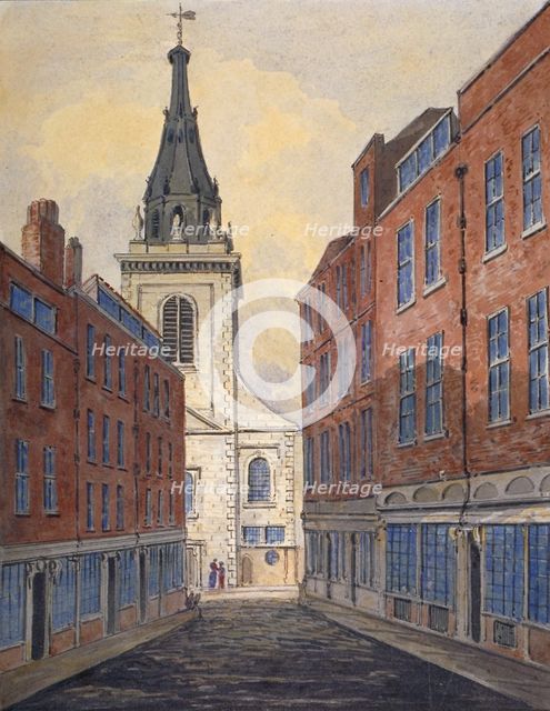 Church of St Edmund the King viewed from Clement's Lane, City of London, 1820. Artist: Anon