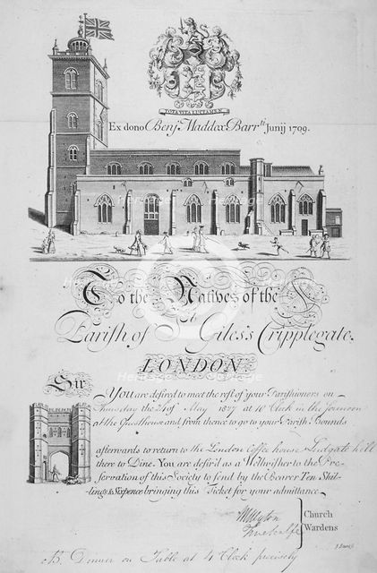 Church of St Giles without Cripplegate, City of London, 1827. Artist: John Sturt
