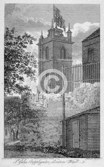 Church of St Giles without Cripplegate, and London Wall, City of London, 1801. Artist: James Peller Malcolm
