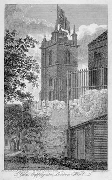 Church of St Giles without Cripplegate, and London Wall, City of London, 1801. Artist: James Peller Malcolm