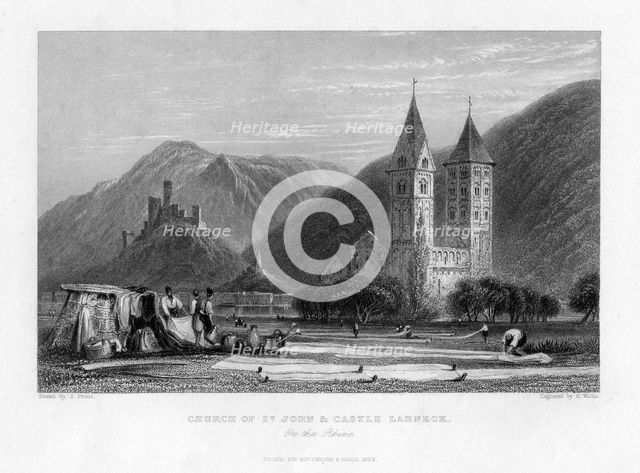 'Church of St John and Castle Lahneck on the Rhine', 1838. Artist: R Wallis