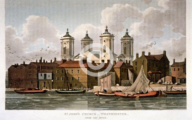 Church of St John the Evangelist from the River Thames, Westminster, London, 1815.                   Artist: Anon