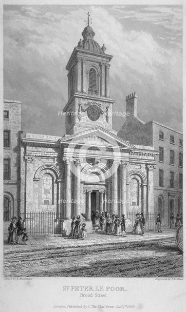 Church of St Peter-le-Poer with the congregation entering, City of London, 1839. Artist: John Le Keux