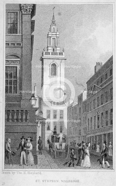 Church of St Stephen Walbrook from the corner of Mansion House, City of London, 1830.                Artist: R Acon