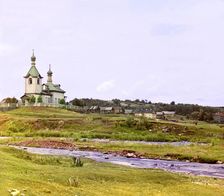 Church of Sts. Zosima and Savvatii of Solovki (?) in the village of Uslanka, Olonets Province, 1909. Creator: Sergey Mikhaylovich Prokudin-Gorsky