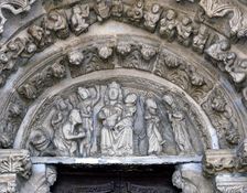 Church of Santa Maria de Azogue, detail of the Sculptures of the tympanum with the image of the V…