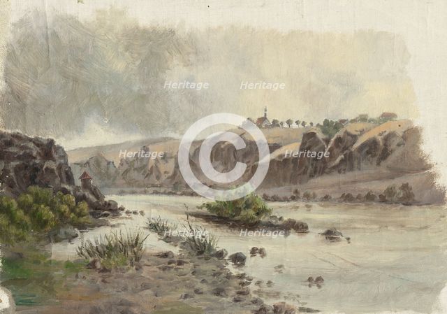 Church on a bank above a river, 1860-1900. Creator: Jan Nowopacký.