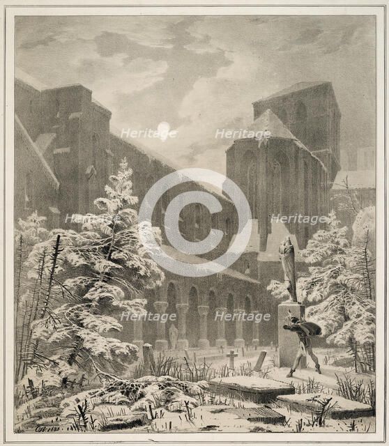 Church and Graveyard in the Snow by Moonlight, 1827. Creator: Karl Blechen.